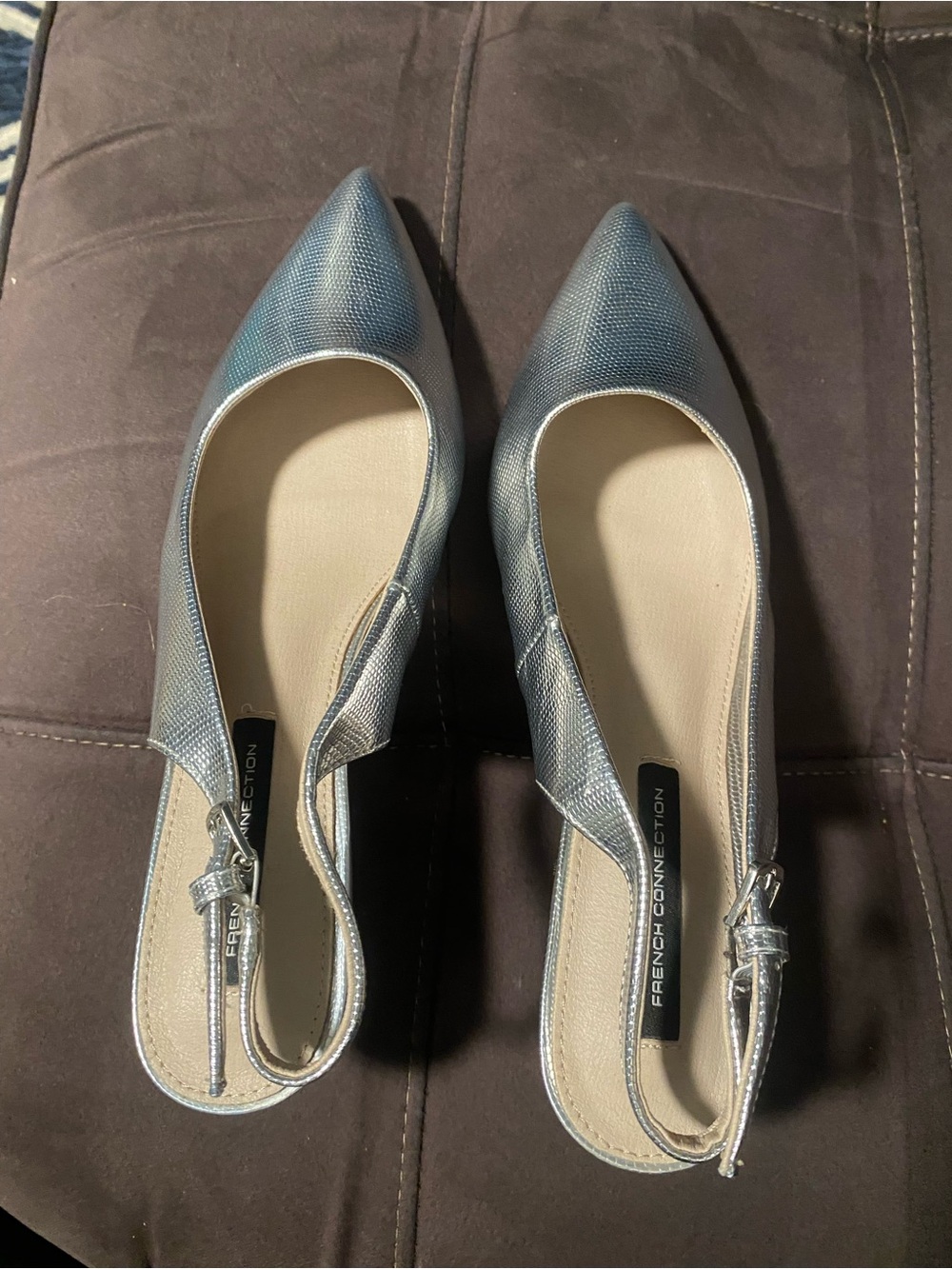 French Connection Metallic Silver Pointed-Toe Slingback Flats